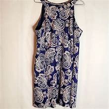 Loft Dresses | Ann Taylor Loft Womens Sheath Dress Blue Beige Paisley Scoop Neck Back Zipper 16 | Color: Blue/Cream | Size: 16