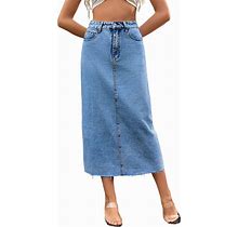 Long Denim Skirts For Women Maxi Paperbag High Waist Frayed Raw Hem A Line Flare Jean Skirt With Pockets