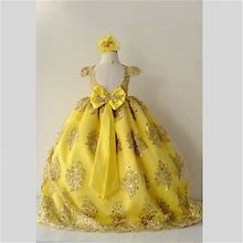Princess Gown, Yellow And Golden Lace Dress, Full Length Gown, Formal