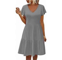Lovskoo Women's 2024 Summer Casual Flutter Short Sleeve V Neck Smocked Tiered Mini Beach Dress Gray S