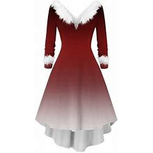 Iroinnid Clearance Christmas Dress For Women Long Sleeve Dress Mid-Length A-Line Dress Christmas Printing V-Neck Dress,Red