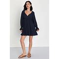 Navy Blue Embroidered Long Sleeve Mini Dress | Womens | X-Small | 100% Rayon | Lulus