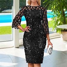 Lovehome Follurewomen's Plus Size Summer Dresses Sexy Hollow Out Long Sleeve Mesh Sequin Midi Dress Casual Party Short Dress