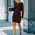 Solid Color Dress, Women's Side Button Elegant Crew Neck Long Sleeve Women's Clothing Solid Dress,Coffee,All-New,Temu