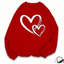 Heart Print Pullover, Hoodie Sweatshirt, Casual Long Sleeve Crew Neck Sweatshirt For Fall & Winter, Women's Clothing,Red,Reliable,Temu