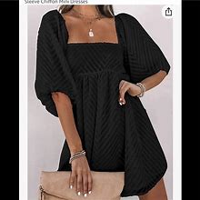 Black Textured Puff Sleeve Sheer Dress Size S | Color: Black | Size: S