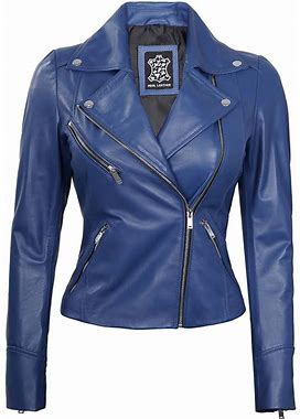 Womens Blue Asymmetrical Real Leather Motorcycle Jacket