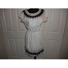 J Crew Embroidered Scallop Dress Ivory & Navy Blue In Sizes 0, 2, 4