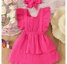 Infant & Toddler's Ruffle Decor Cotton Dress, Solid Color Sleeveless Dress, Baby Girl's Clothing For Summer,Rose Red,Handpicked,Temu