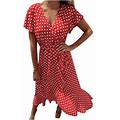 Efsteb Woman Dresses Summer Dress Polka Dots Print Dresses Casual Short Sleeve Dress V-Neck Slim Party Beach Dress Irregular Split Long Skirt Red XL