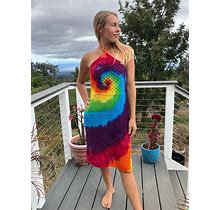 Tie Dye Rainbow Halter Crochet Dress Size Large