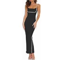 BLENCOT Women's Summer Contrast Binding Bodycon Dress Slim Fit Sleeveless Split Knit Cocktail Party Maxi Long Dresses