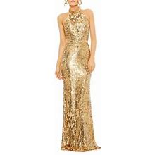 Mac Duggal Women's Halterneck Sequin Gown - Gold Beige - Size 8