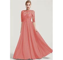 STACEES Mother Of The Bride Dress A-Line Bateau Half Sleeve Long Chiffon Beading Appliqued - Watermelon