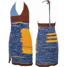 Gorgeous Knitted Slipdress / Blue Brown Yellow Deconstructed Knit / Stretchy / Halterneck Dress / Y2K Babygirl / Slip-Dress / Cute