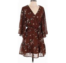 Entro Casual Dress - Mini V Neck 3/4 Sleeves: Brown Floral Dresses - Women's Size Small