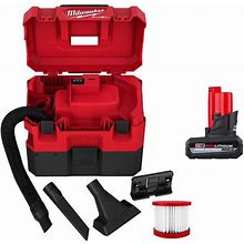 Milwaukee M12 FUEL 12-Volt Lithium-Ion Cordless 1.6 Gal. Wet/Dry Vacuum With M12 XC High Output 5.0 Ah Battery Pack, Reds / Pinks