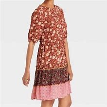 Knox Rose Dresses | Women's Elbow Sleeve Tiered Babydoll Dress - Knox Rose Rust Floral L | Color: Cream/Pink | Size: L