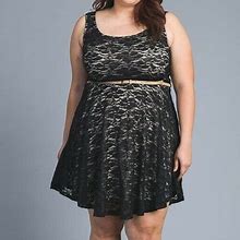 Libian Plus Size Black A-Line Sleeveless Lace Dress With Belt - 1X 2X