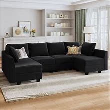 Black Sectional - HONBAY 112.6" Wide Velvet Reversible Modular Sofa & Chaise W/ Ottoman Velvet | 33.9 H X 112.6 W X 55.9 D In | Wayfair