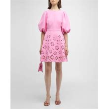 Maison Common Floral Cutout 3/4-Sleeve Cotton Mini Dress, Pink, Women's, 12, Casual & Work Dresses Day Dresses Sundresses