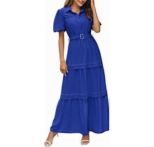PRETTYGARDEN Women's Summer Maxi Dress Puff Short Sleeve Lapel V Neck Tiered A Line Flowy Elegant Party Dresses With Belt