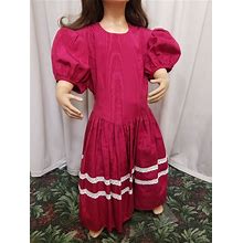 Vintage 1970'S Children's Girl's Crimson Red Embroidered Ribbon Accent Short-Sleeved Gunne Sax Brand Dress, Rare, Collector