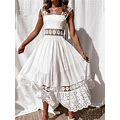 Women's White Dress Lace Dress Casual Dress Midi Dress Lace Patchwork Date Vacation Elegant A Line Strap Sleeveless White Color