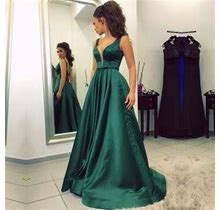Emerald Green Deep V Neck Backless Sleeveless A Line Long Prom Dress