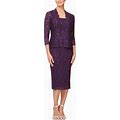 Sl Fashions 2-Pc. Lace Jacket & Midi Dress Set - Eggplant - Size 16