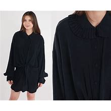 Black Mini Dress 80S Plain Button Up Dress Ruffle Collar Tie Waist Side Slit Vintage Long Sleeve Shirtdress Shift Dress 1980S Medium Large
