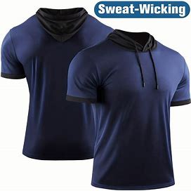 Men's Summer Sweatshirt, Outdoor Running Hooded Sportswear, Quick Drying Breathable Short Sleeve Top Hoodie,Navy Blue,Recommended,Temu