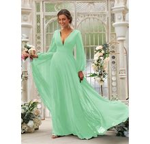2024 A-Line Chiffon V-Neck Long Mint Green Bridesmaid Dress