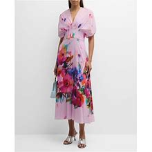 Lela Rose Isabel Watercolor Floral-Print Short-Sleeve Pleated-Waist Midi Dress, Orchid Multi, Women's, 6, Short-Sleeve Dresses