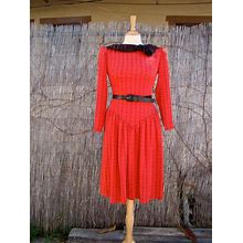Vintage 70S / Red And Black / Drop Waist / Long Sleeve / Swing / Secretary Dress / MEDIUM