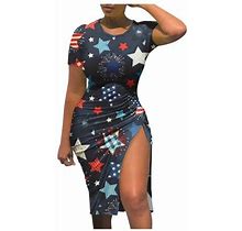 Ernkv Women's Mini Bodycon Dress Clearance Star Print Round Neck Fashion Clothing Patriotic Sundress Short Sleeve Drawstring Side Split July 4th Summe
