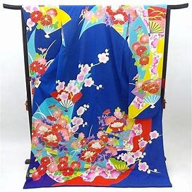 Furisode Kimono Robe L Blue Silk Wedding Dress Vintage Long Floral &