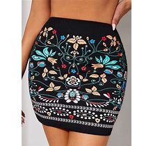 High Waist Floral Print Bodycon Skirt,Tall L