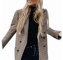 Fashion Women Plaid Blazer Coat Retro Stripe Print Button Shoulder Pads Suit Coats Sunmoot (Small, Coffee)