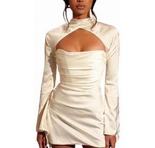 Komoo Women Hollow Out Mini Dress Lace Up Flared Sleeve Short Bodycon Dress Low Cut Halter Dress Party Streetwear
