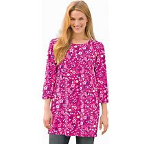 Plus Size Women's Perfect Printed Three-Quarter-Sleeve Scoopneck Tunic By Woman Within In Raspberry Sorbet Field Floral (Size 1X)