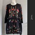 Zara Dresses | Zara Floral Embroidery Ls Babydoll Dress Black Xs | Color: Black/Red | Size: Xs