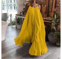 Frxsww Ladies Swing Flowy Dress Solid Color Bare Shoulder A Line Collar Simple Dresses Casual Sleeveless Elegant Summer Maxi Dress Yellow L