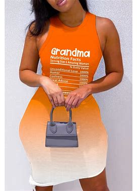 Plus Size Plus Bodycon Tank Dress Orange Casual Print O Neck Vest Dresses(Orange/M)
