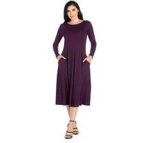 Women's 24Seven Comfort Apparel Long Sleeve Fit & Flare Dress With Pockets, Size: Small, Purple