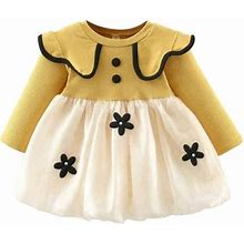 Uuszgmr Baby Dress For Girls Long Sleeve Floral Tulle Ruffles Dress Dance Party Dresses Fashionable Cute Clothes Yellow,Size:2-3 Years