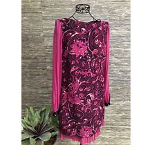 Tory Burch Sz 8 Purple Dress Floral Long Sleeve Sheer 100