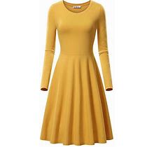 Haute Edition Women's Yellow Long Sleeve Solid Color Flared Skater Dress - Womens Skater Dress - - Large