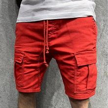 Haotags Men's Multi-Pocket Cargo Shorts Elastic Waist Drawstring Lightweight Breathable Sport Shorts Red Size L