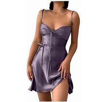 Sexy Mini Dresses For Women Sleeveless Spaghetti Straps Ruched V Neck Satin Party Dress Belted Short Dress Clubwear
